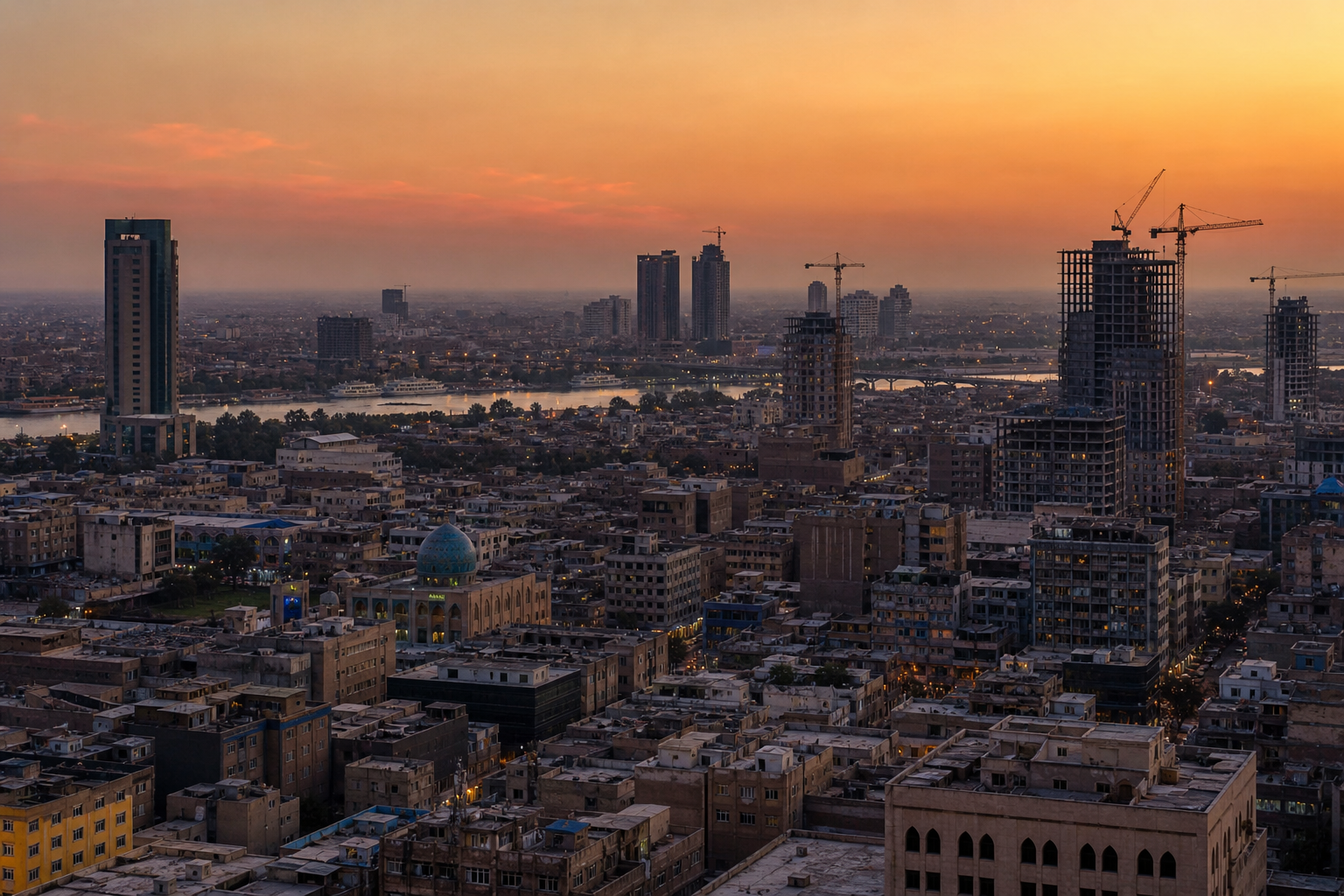 Baghdad skyline at dusk with construction cranes