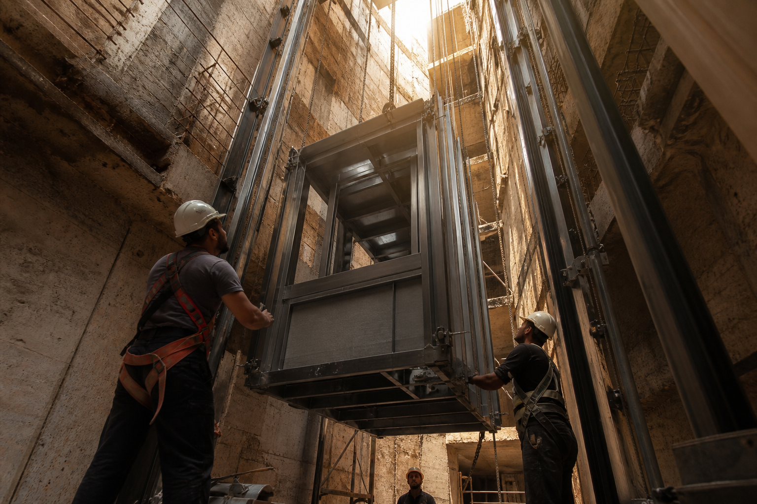 Elevator shaft installation inside an Iraqi high-rise