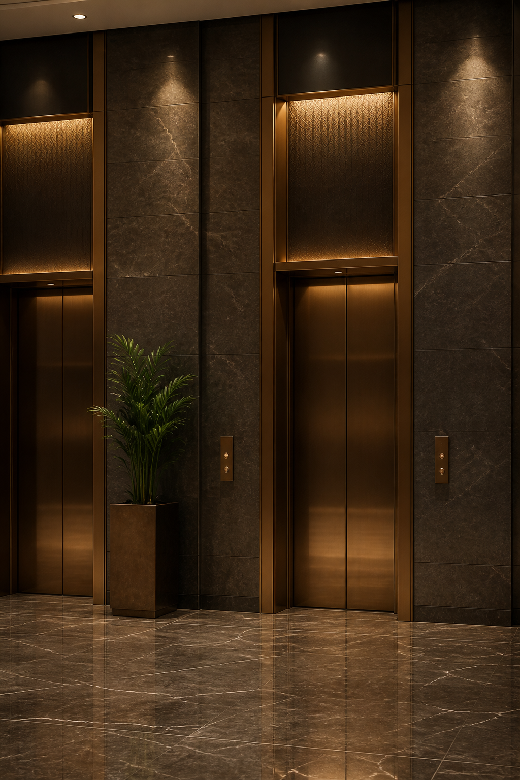 Bronze-framed elevator doors in a Baghdad hotel lobby