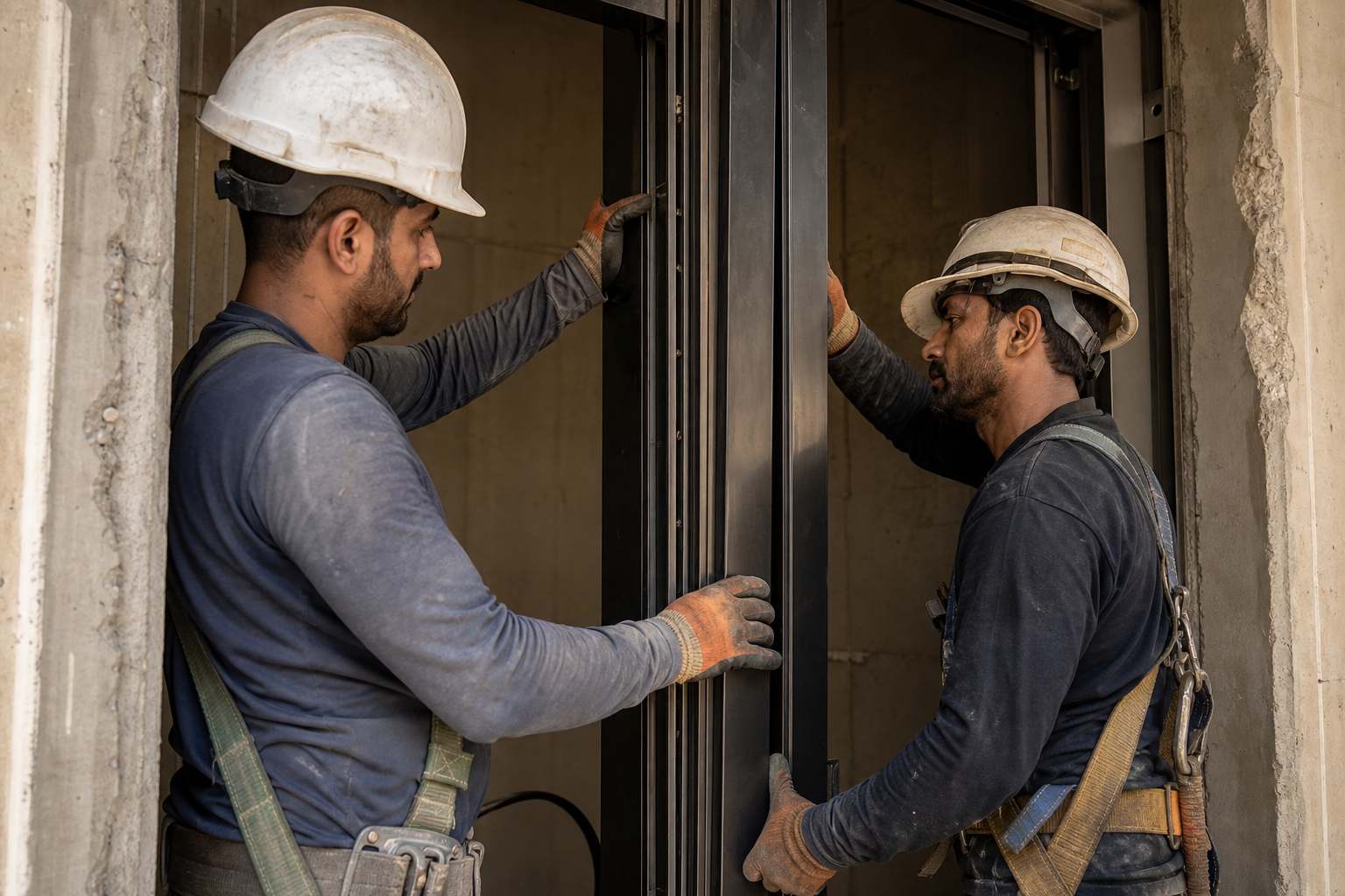 Elevator technicians installing doors in a concrete shaft in Iraq